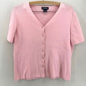 Ribbed Knit Short Sleeve Cardigan Womens L Pink 100%‎ Cotton Balletcore Coquette